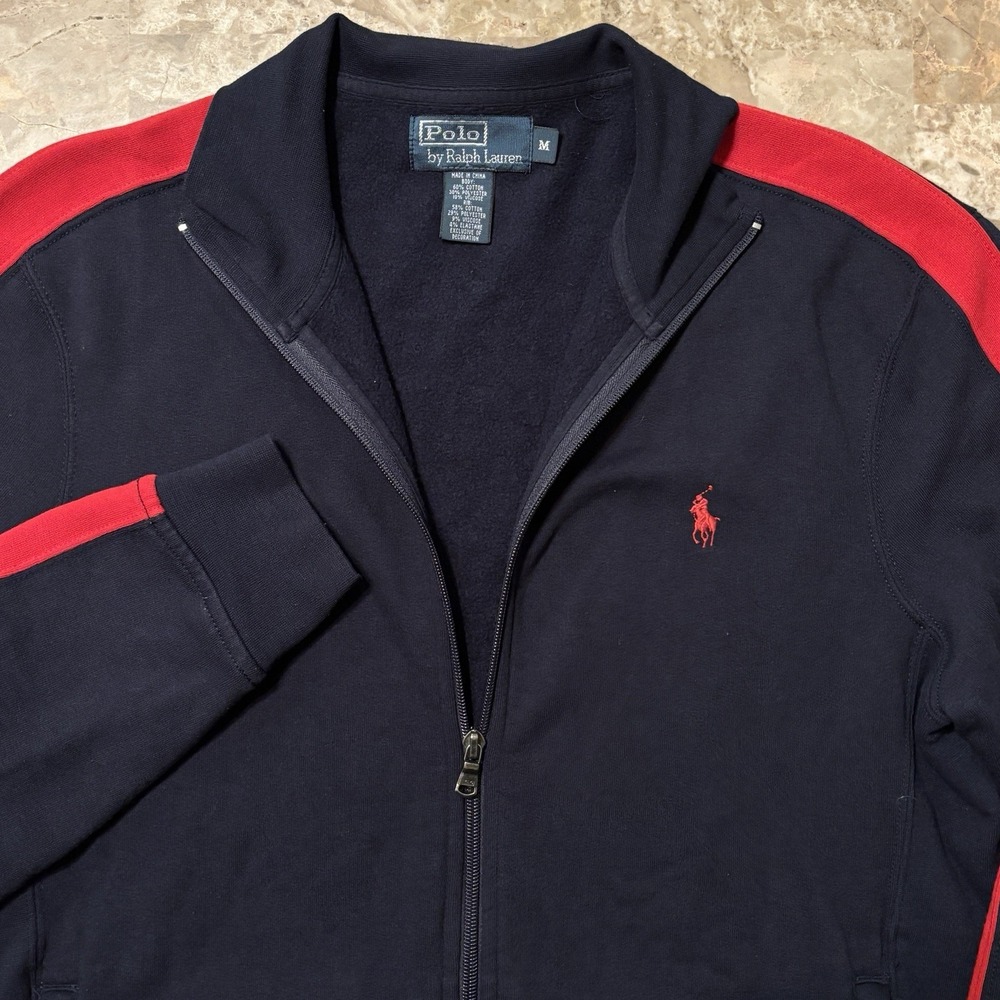 Polo Ralph Lauren Track Jacket Mens Medium Blue Red Full Zip Fleece Pony Vintage